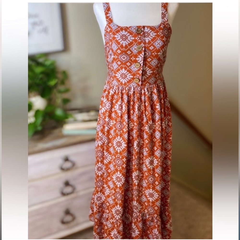 Good Luck Gem Orange Boho Geometric Midi Sundress - Medium